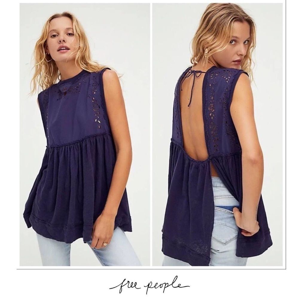 NWT Free People ‘Bella Babydoll’ Eyelet Boho Top in Indigo Blue Tie Back Blouse